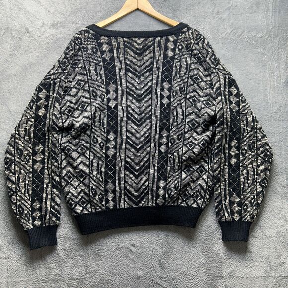 Vintage Cardigan Sweater Mens Medium Black Aztec Knit 80s Preppy Eclectic Y2K - Picture 9 of 13